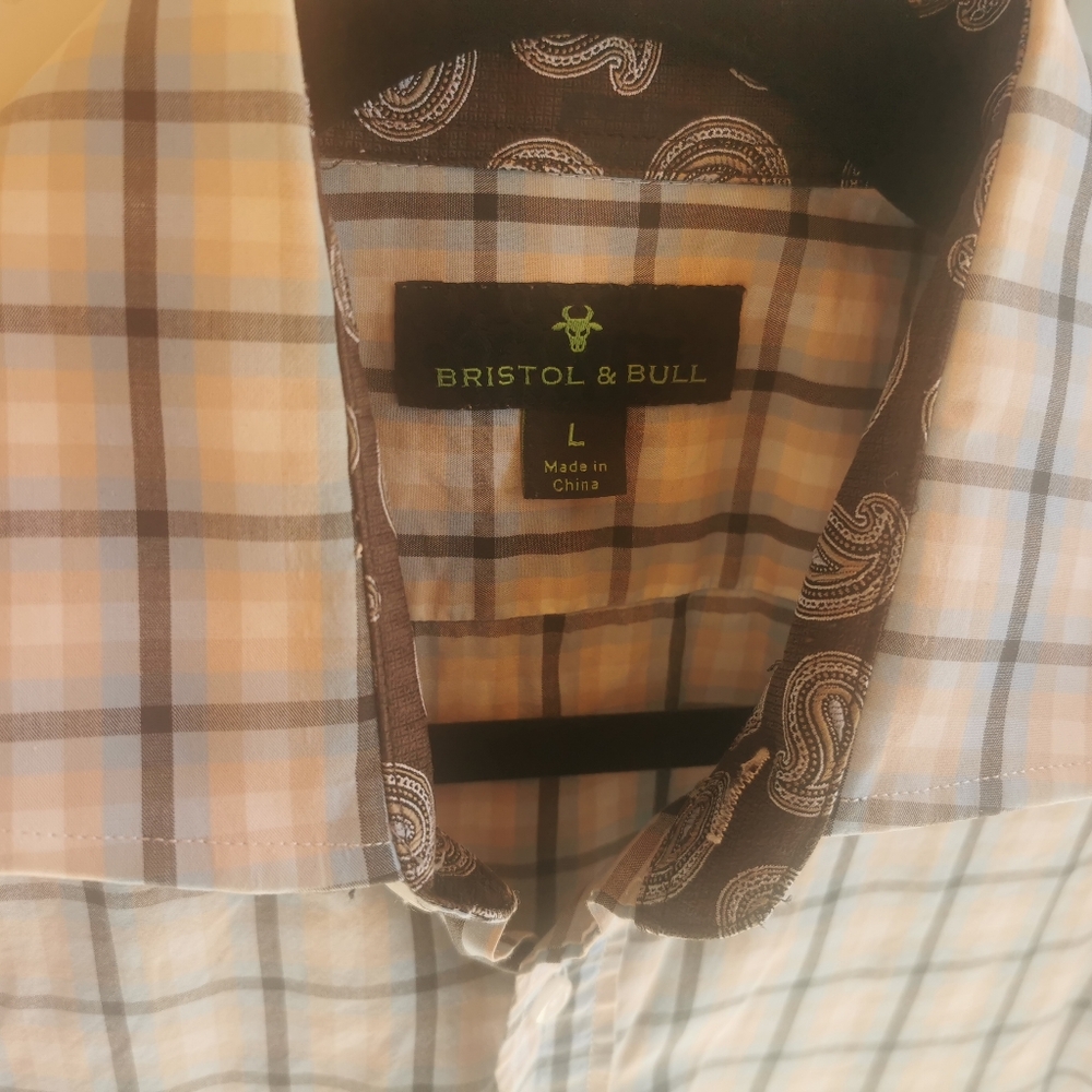 Bristol & Bull Brown, Light Blue, Tan and White Checkered Mens Shirt Size L - Picture 5 of 8